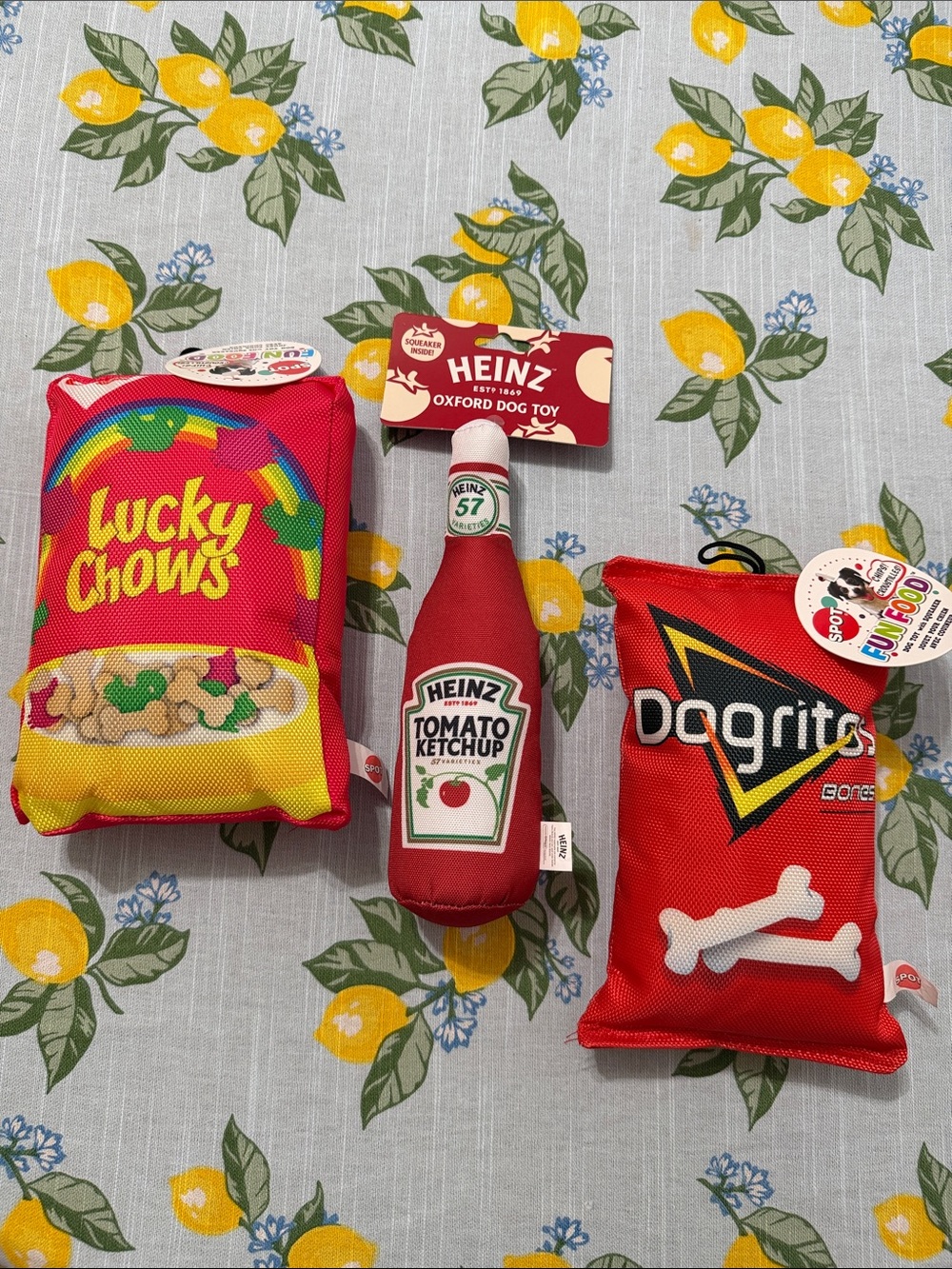 Fun Food Themed Plush Dog Toy Bundle with Heinz Ketchup, Doritos, & Lucky Charms
